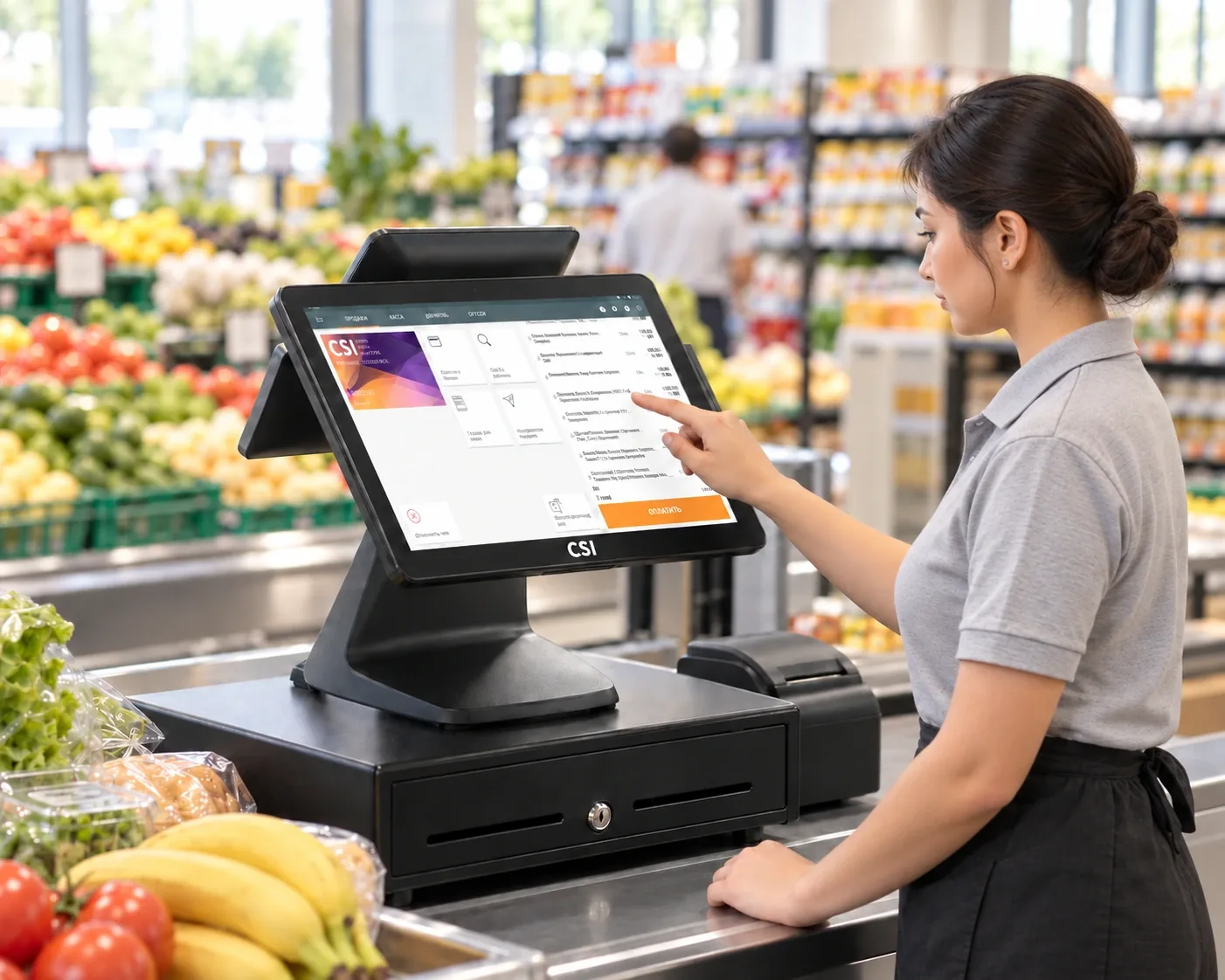 Кассир работает с терминалом Set Retail на фоне торгового зала